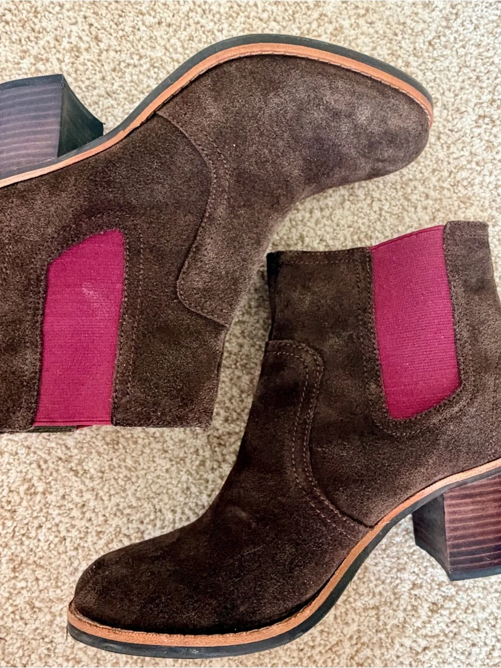 Sperry Brown Suede Chelsea Ankle Boots with Wine Elastic Panels